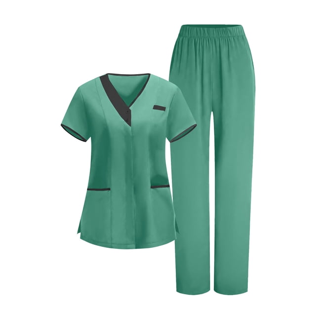 RXMEKW V-Neck Tunic And Pants Set For Women, 95% Polyester 5% Spandex, Short Sleeve Scrub Uniform For Medical Professionals