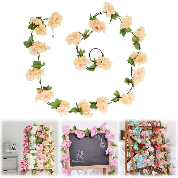 Peach Artificial Cherry Blossom Vine Garland - 90.55in Plastic Flower Garland for Home/Wedding Wall Decor, Pipe Cover (F)