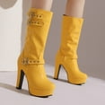 thumbnail image 2 of Xfvqtps Womens Fall Winter Boots Fashion Flatform Chunky Heel Mid Calf Boots with Side Zipper Buckle Strap Martin Ankle Boots Yellow, 2 of 5