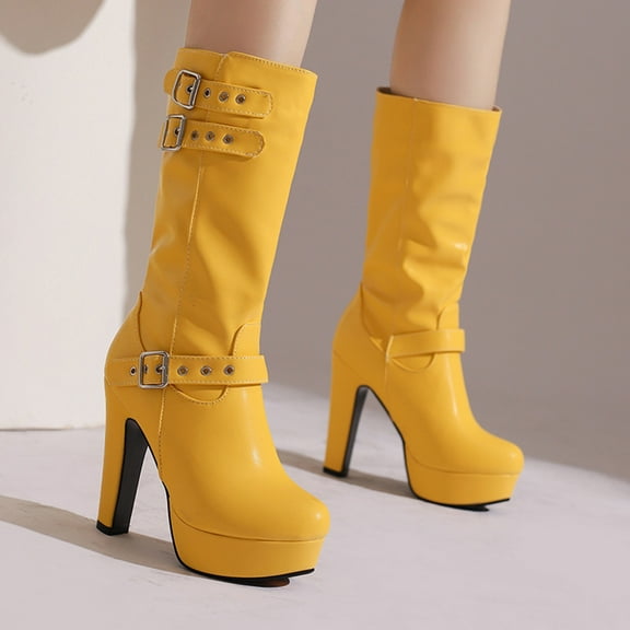 PiGOGI Women's Waterproof Boots High Heel Belt Buckle Fashion Winter Fall Boots for Women Comfortable Thick Heel Mid Calf Stylish Yellow 43