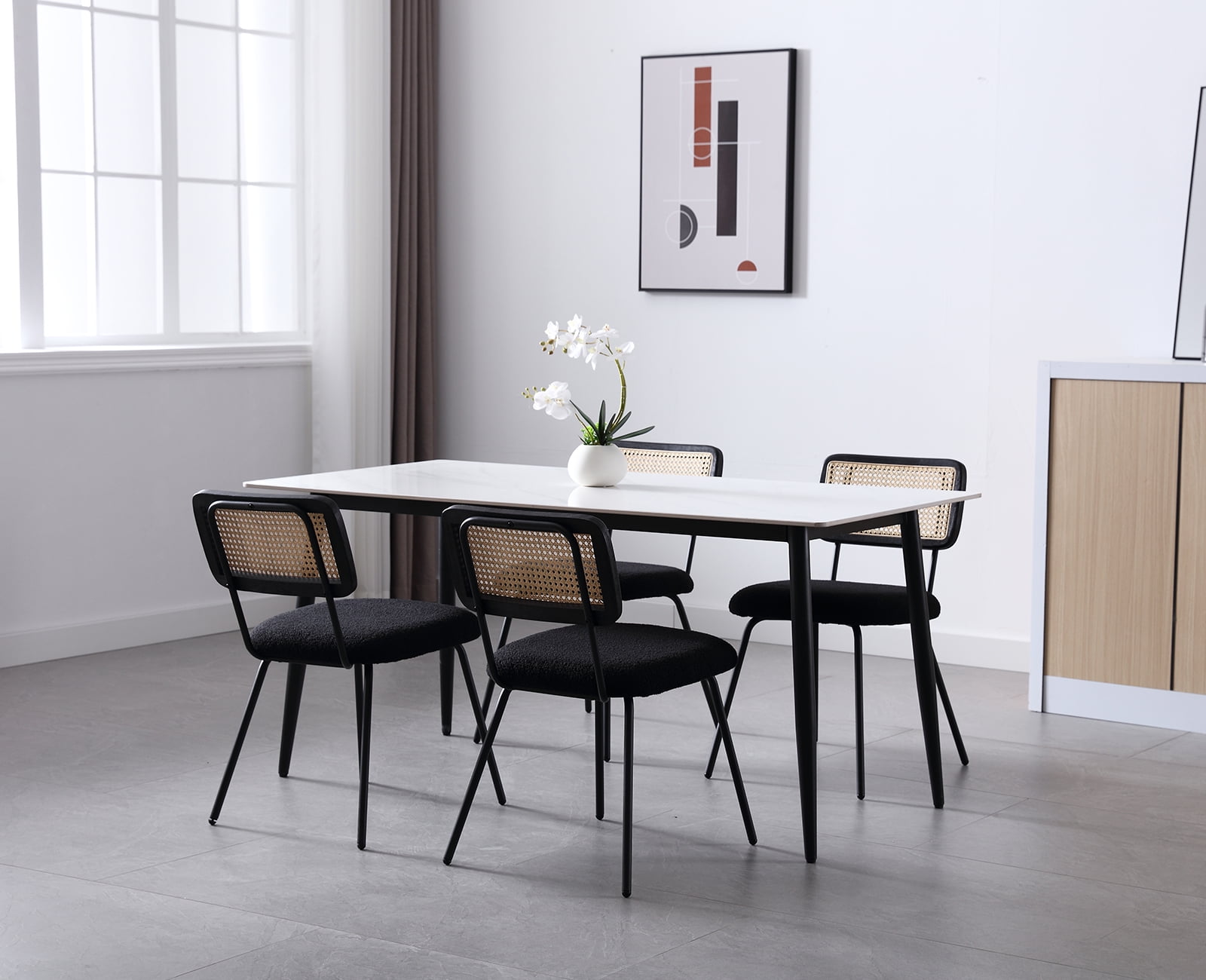 Dayalane Rattan Dining Chairs Set of 4, Sherpa Upholstered Kitchen Chairs with Cane Back, Mid-Century Modern Armless Dining Side Chairs with Metal Legs for Dining Room Living Room Restaurant, Black