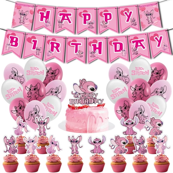 32 Pcs For Pink Cartoon Themed For Angel Birthday Party Decorations,With 1 Happy Birthday Banner,13 Cupcake Toppers,18 Balloons for Birthday Party Supplies