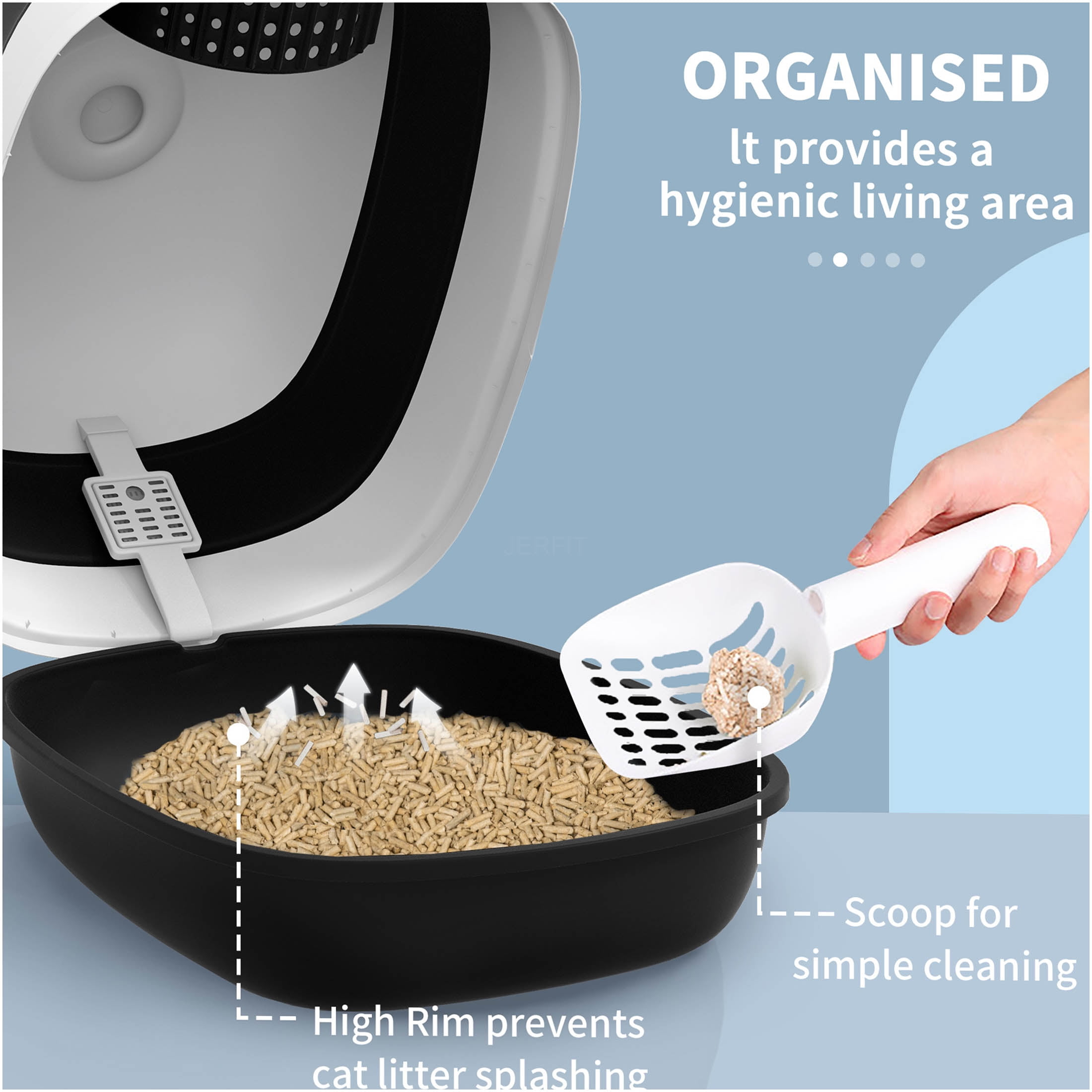 JERFIT Foldable Cat Litter Box Enclosed with Lid, High Sides & Dual Doors for Large Cats, Odor Control Air Freshener, Easy Clean ABS Litter Tray House, Black