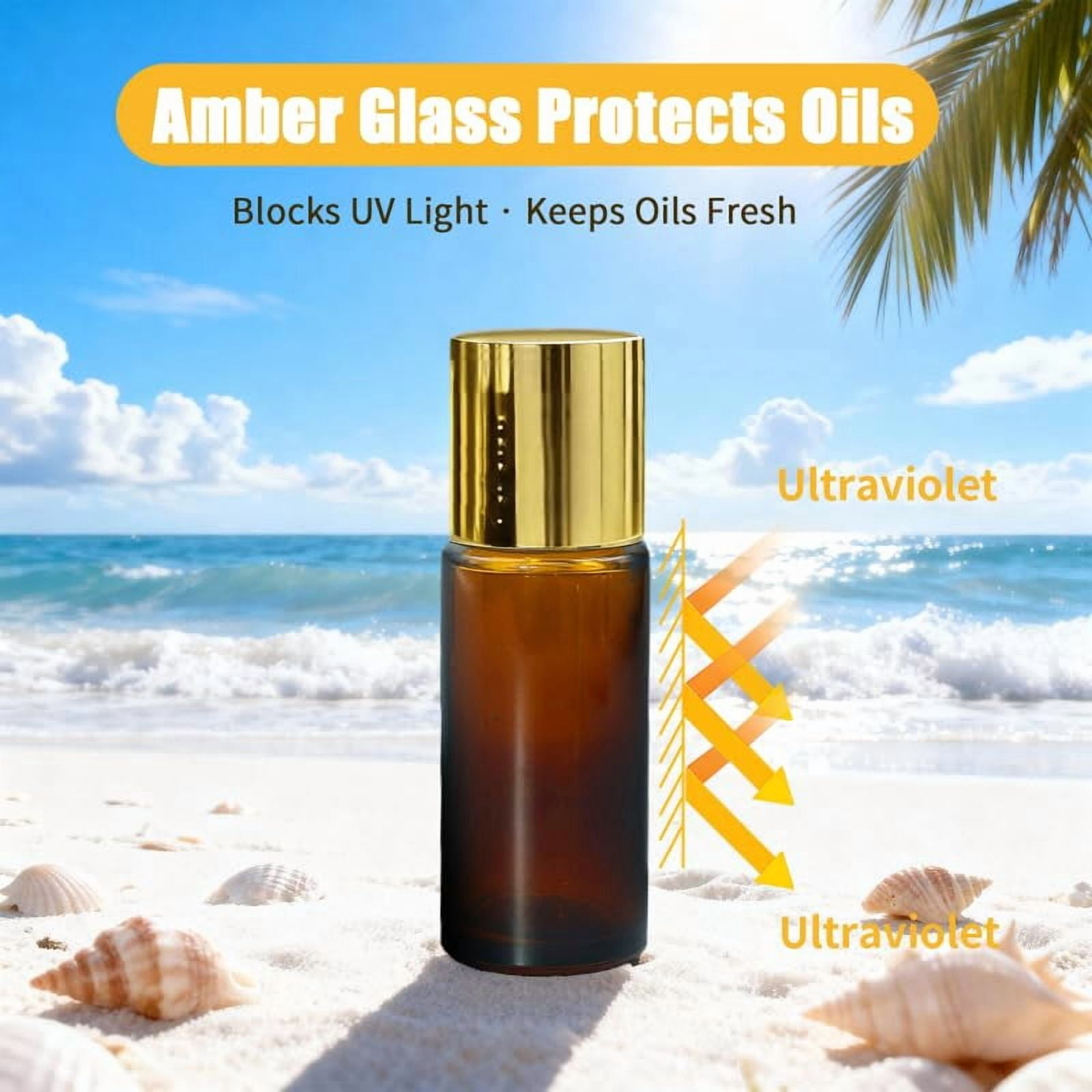5 Pack Rose Quartz Roller Bottles for Essential Oils, 50ml Refillable Amber Glass Roll On Bottles with Natural Crystal Roller Balls, Leak-Proof Travel Perfume Bottle with Gold Caps