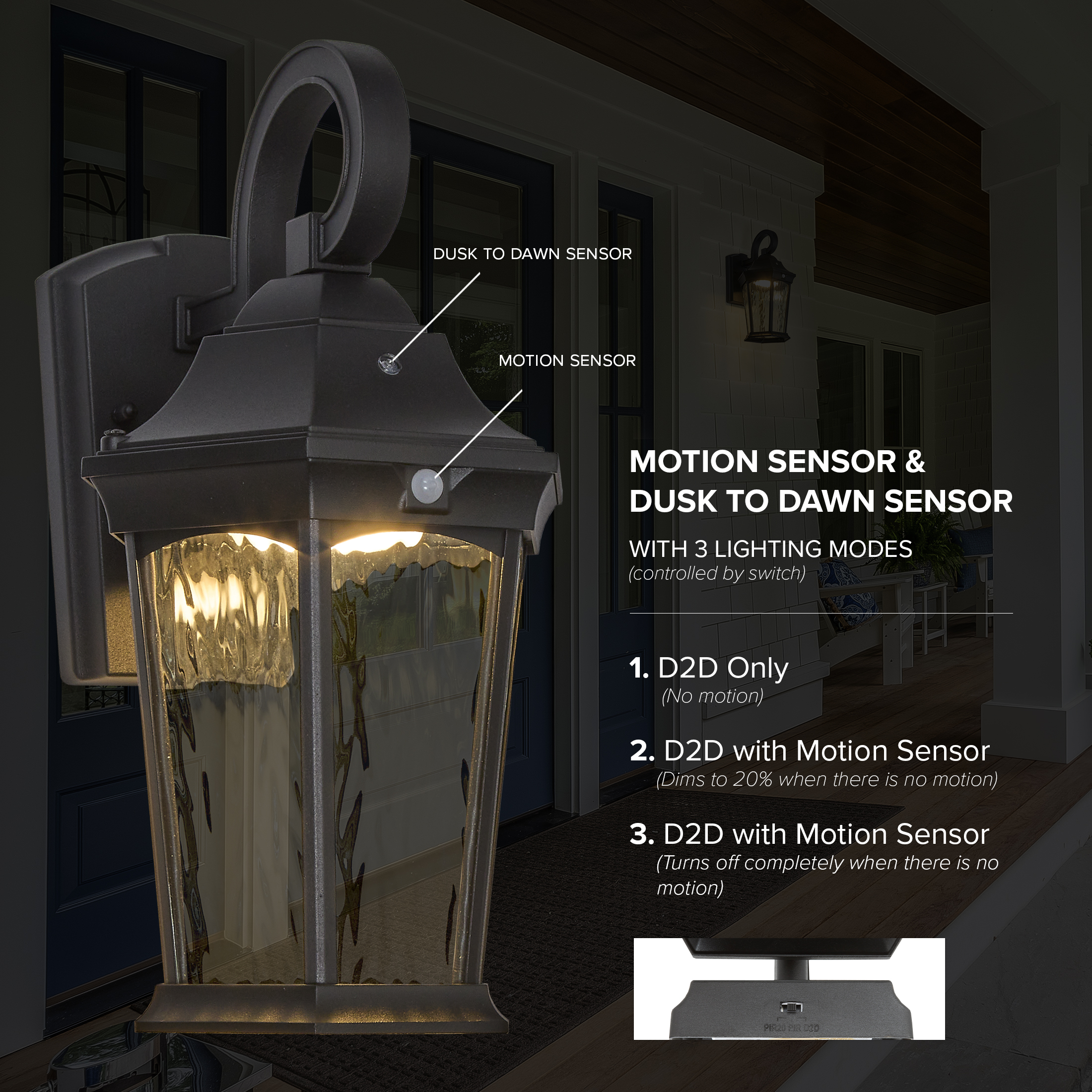 Maxxima LED Motion Sensor Outdoor Wall Light, Dusk to Dawn Sensor, Black w/ Clear Water Glass, 800 Lumens, 3000K Warm White