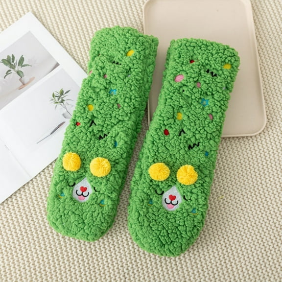 absanyy Cute Whimsical Cartoon Monster Socks - Green 3D Pom Pom Embroidered 100% Polyester Warm Plush House Lounge Socks for Women Teens One-Size,Size Free Size