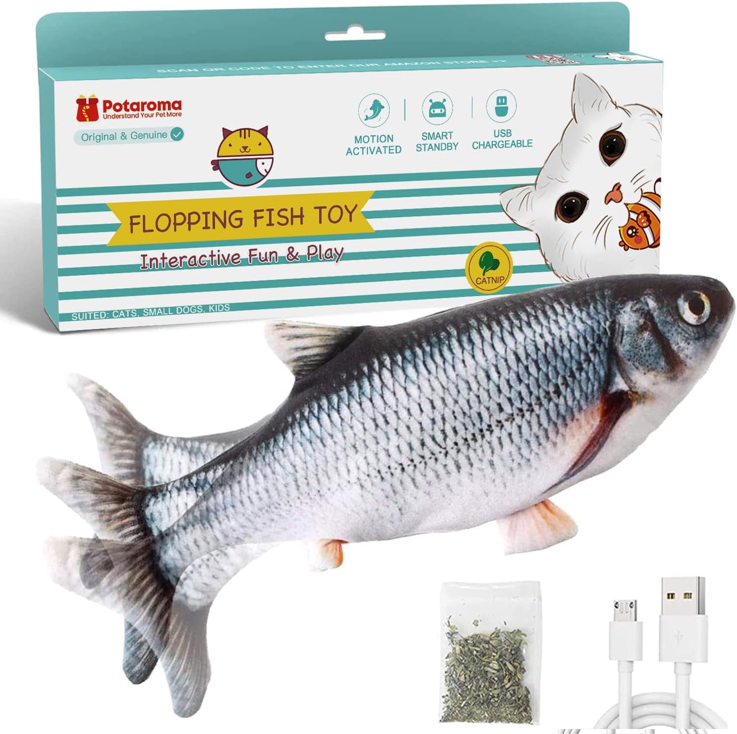 Cat Toys Flopping Fish with Catnip, Moving Kitten Kicker, Floppy Wiggle Carp for Small Dogs, Interactive Motion Kitty Exercise, 10.5 Inches