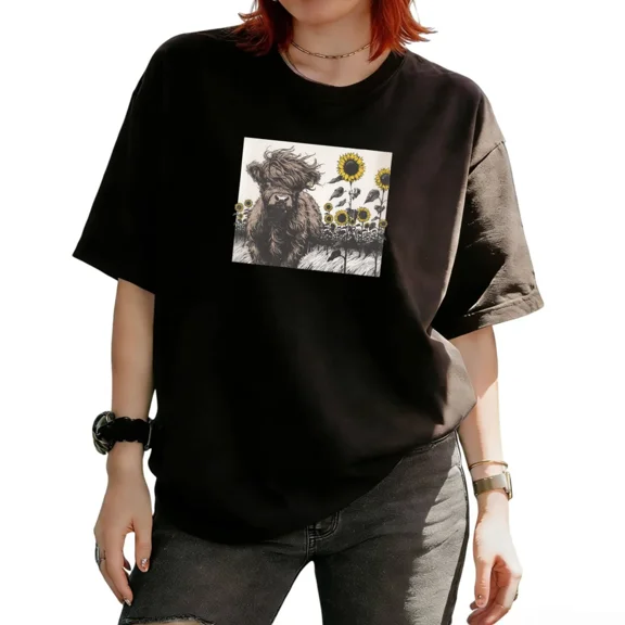 Cozymy Women's Highland Cow Sunflower Field Western Botanical Graphic Short Sleeve T‑Shirt Country Inspired Tees