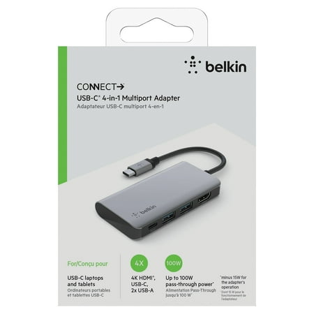Belkin - USB C Hub 4-in-1 Multi-Port Laptop Dock with 4K HDMI, Docking Station with 100W Power Delivery - for Mac, PC, and More - Gray
