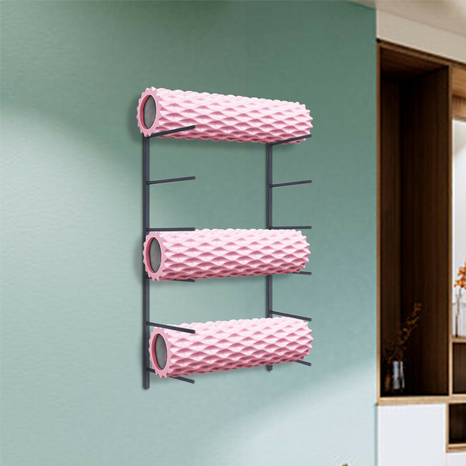 Yoga Mat Holder Foam Roller Storage Rack Wall Mount Black Organizer for