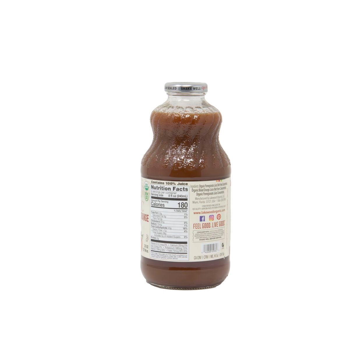 Lakewood Organic Juices Pomegranate Blood Orange Juice, Organic - 32 floz glass