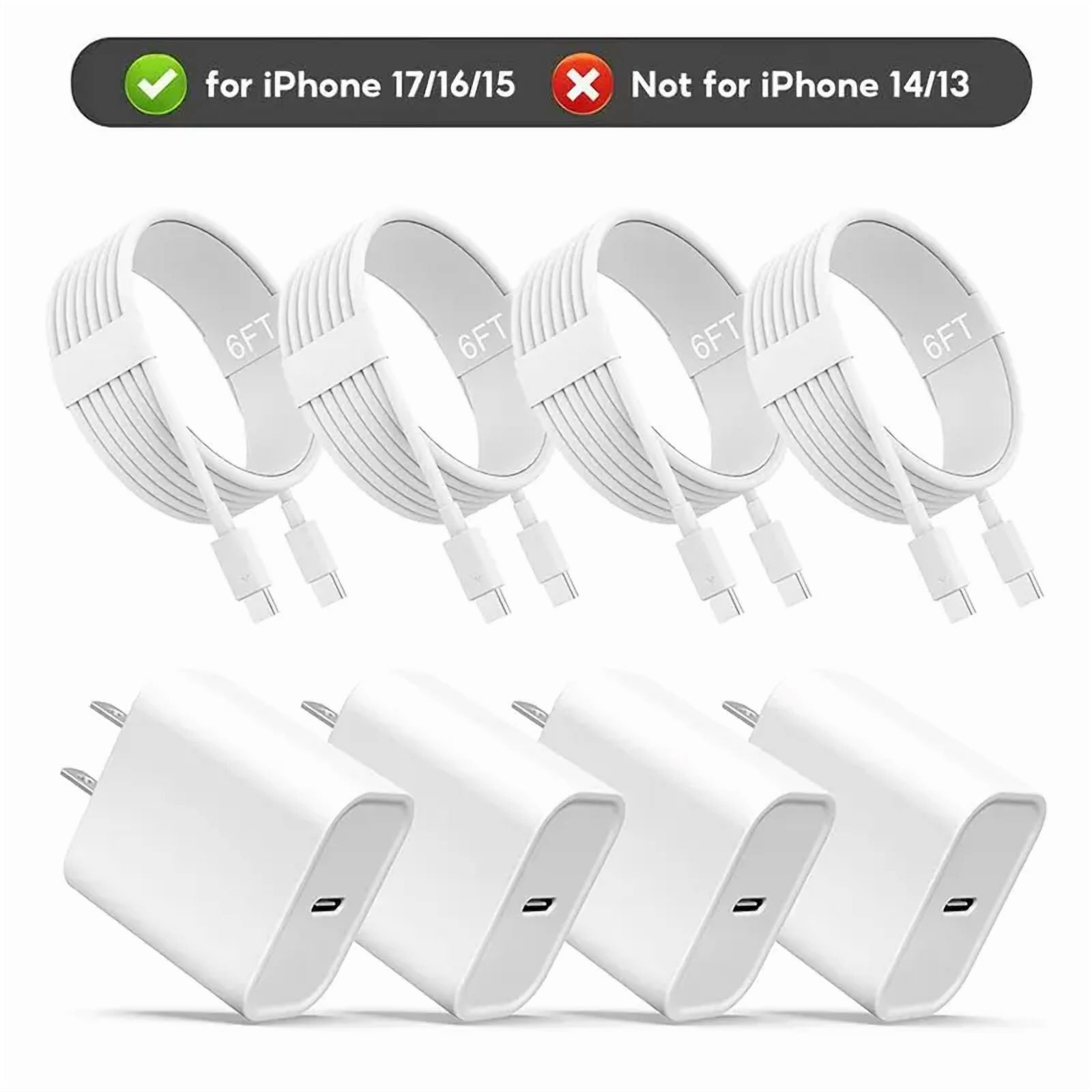 6Ft iPhone 17 16 15 Charger Fast Charging Type C Chargers USB C Charger Block i Phone 16 Chargers with 4 Pack 6FT Cable for iPhone 16/16 Plus/16 Pro/16 Pro Max/iPhone 15/15 Pro Max/Samsung(White)