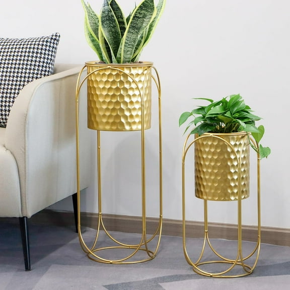 Set of 2 Planters with Stand Large Gold Planter for Indoor Plants 26 &18" H Morden Plant Pot for Living Room Corner Kitchen Office Garden Balcony Patio Decor(Gold)