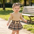 thumbnail image 5 of CAUYDY Baby Girl Matching Outfit Sets 3 6 9 12 Months Newborn Long Sleeve Romper Bodysuit Dress Headband 3PCS Toddler Fall Winter Vintage Clothing Khaki Sizes 6-9 Months, 5 of 9