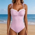 thumbnail image 2 of WEIGFI Womens Swimwear One-Piece Spaghetti Strap V-Neck Beachwear Sweet Tie Knot Ruffles Striped Bathing Suit Tummy Control Casual Pool Swimsuit,Pink,L, 2 of 4