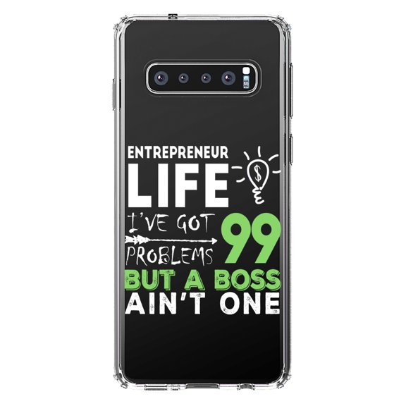 DistinctInk Clear Shockproof Hybrid Case for Samsung Galaxy S10  PLUS (6.4" Screen) - TPU Bumper Acrylic Back Tempered Glass Screen Protector - Entrepreneur 99 Problems But Boss Ain't One