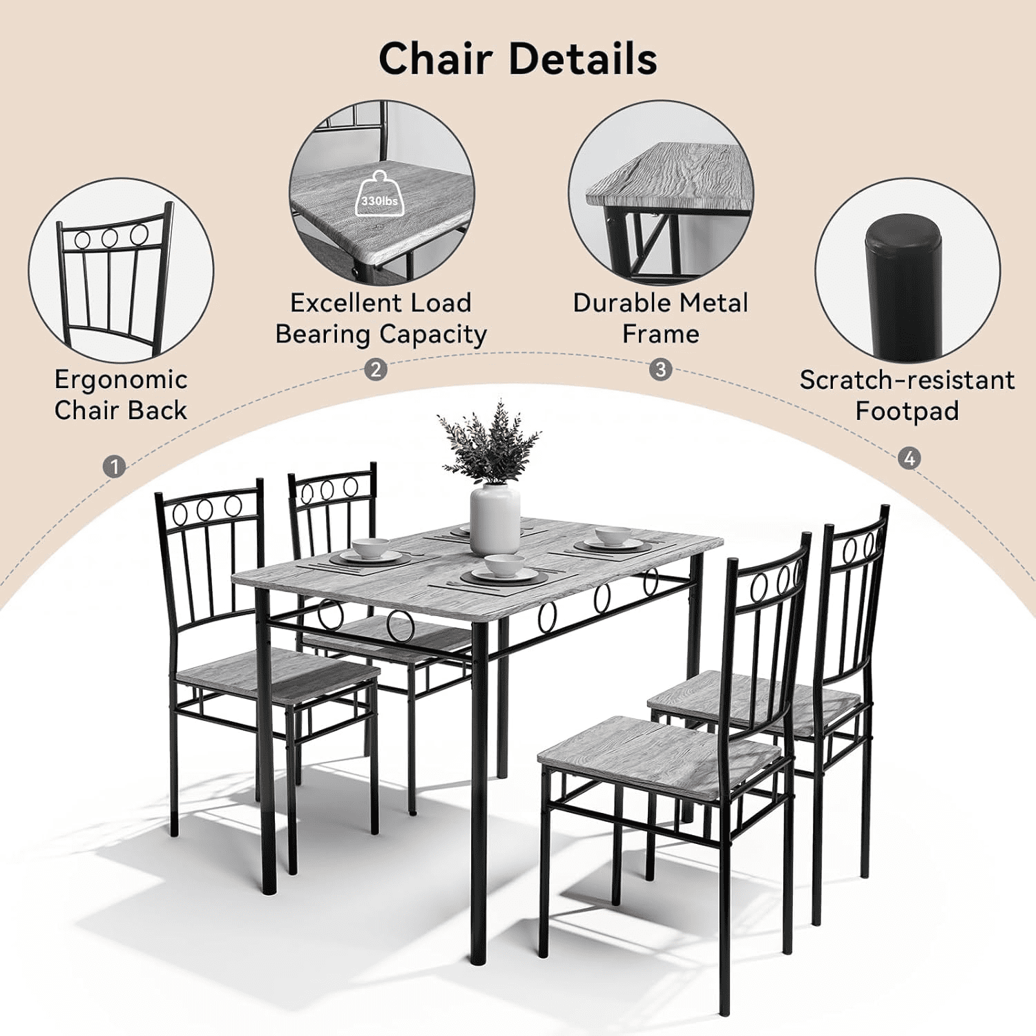 Vipbear 5-Piece Kitchen Table and Chairs, Rectangular Dining Room Table Set with 4 Chairs, Space-Saving Kitchen Table Set for Small Space,Dinette,Apartment