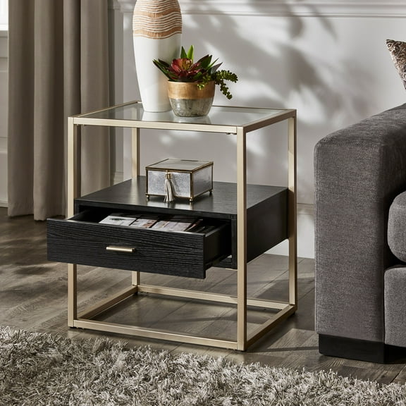 Weston Home Cava Metal and Wood Rectangular End Table with Storage, Champagne Silver Finish