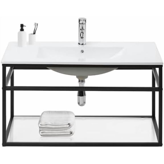 Floating Bathroom Vanity with Sink 36 Inch Metal Frame Wall Mounted Bathroom Vanity Cabinet with Ceramic Sink and Glass Open Storage Shelves$$Tools & Hardware Other