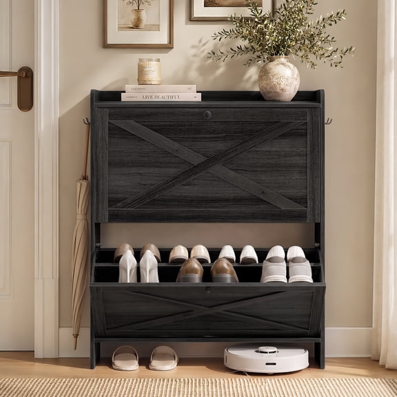 VASAGLE Narrow Shoe Storage Cabinet Organizer with 2 Flip Drawers, Smoky Black