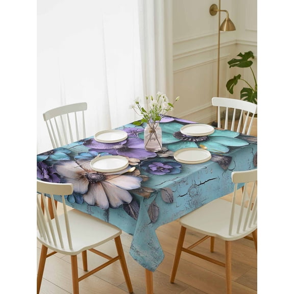 Spring Purple Flowers Tablecloth Rectangle Table Cloth 60x84, Waterproof Tablecloth Outdoor Table Cloth, Floral Mottled Teal Wall Retro Washable Table Cover for Kitchen Dinning Party