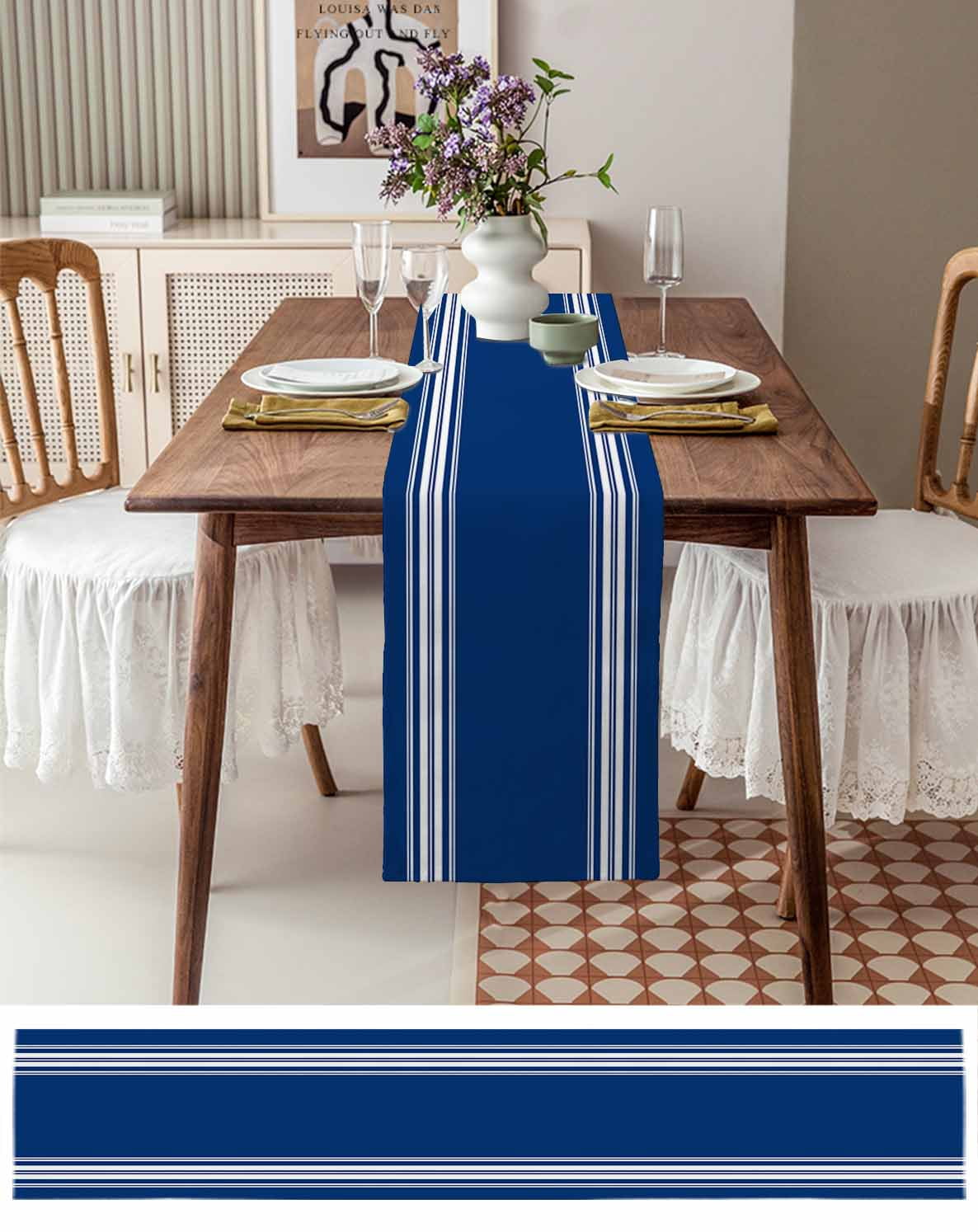 Ldtrchee Blue Striped Table Runner 36 Inches, Farmhouse Blue White Stripes Bed Runner Dresser Scarves Tabletop for Indoor Outdoor Parties/Ceremony/Banquet, 13"x 36"