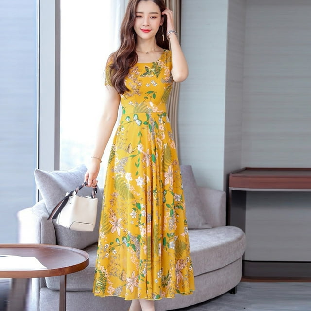 Liquidation! Hontri Robe d'Été Mode pour Femme Mi-Mollet à Manches Courtes de Plage Imprimée Robe Décontractée pour Femme Jaune m