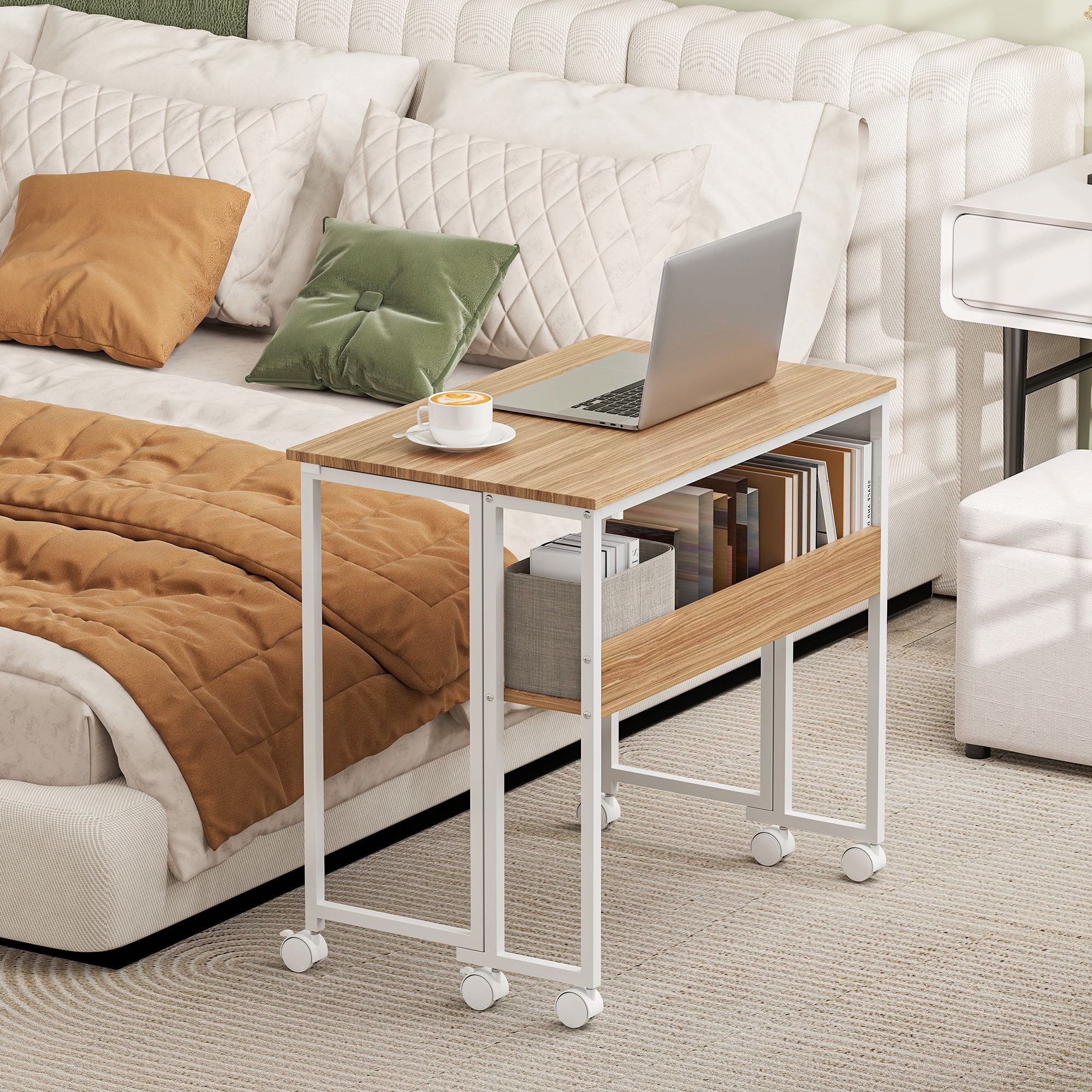 HOMCOM Small Folding Desk, 31.5" Foldable Computer Desk with Storage Bag, Shelf and Wheels for Small Spaces, Home Office, Easy Assembly, Natural Wood