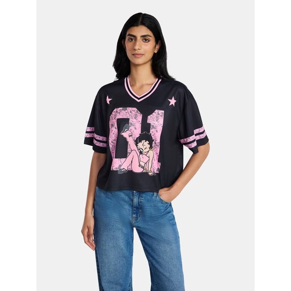 Betty Boop Women's and Women's Plus Graphic Cropped Football Jersey Top, Sizes XXS-4X