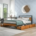 thumbnail image 2 of Queen Size Metal Platform Bed Frame with 4 Storage Drawers, Sockets, USB Ports and Slat Support, Metal Queen Bed Frame with Wooden Headboard & Footboard, No Box Spring Needed (Queen, Black), 2 of 7