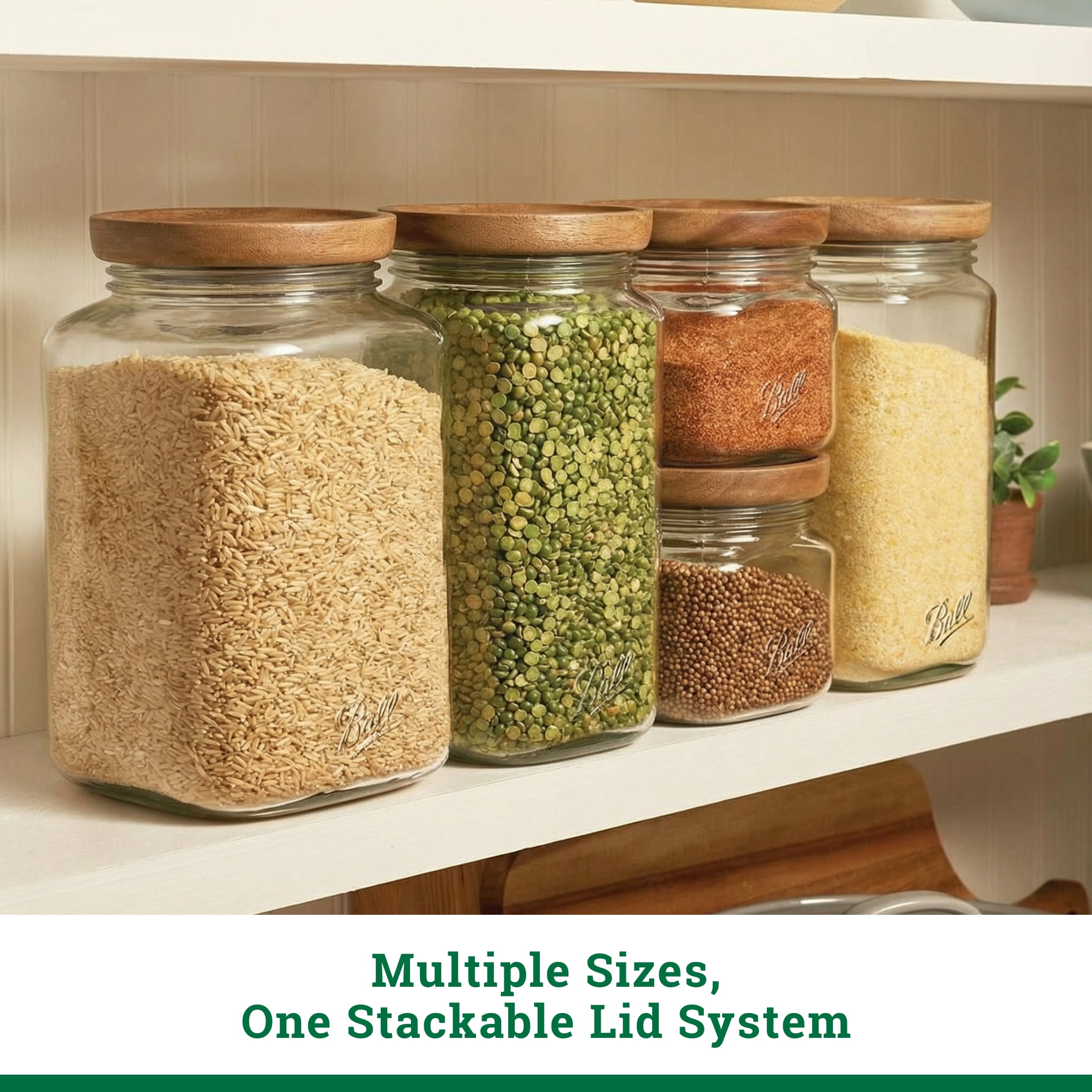 (3 pack) Ball 15.6 Cup Stack & Store Glass Jar with Acacia Wood Lid – Airtight Wide Mouth Glass Storage Container for Pantry, Kitchen, and Countertop Organization