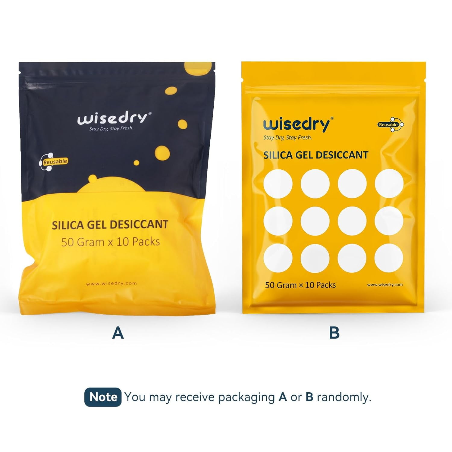 wisedry 50 Gram [10 Packs] Silica Gel Desiccant Packets Microwave Fast Reactivate Moisture Absorbers Bags with Indicating Beads for Closet Gun Safes Bathroom Food Grade
