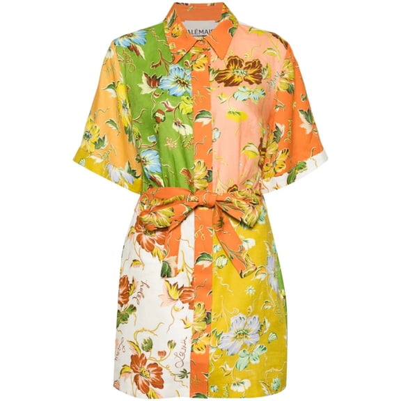 Women Floral Cotton Linen Dress, Short Sleeve Tie Waist Casual Summer Dress