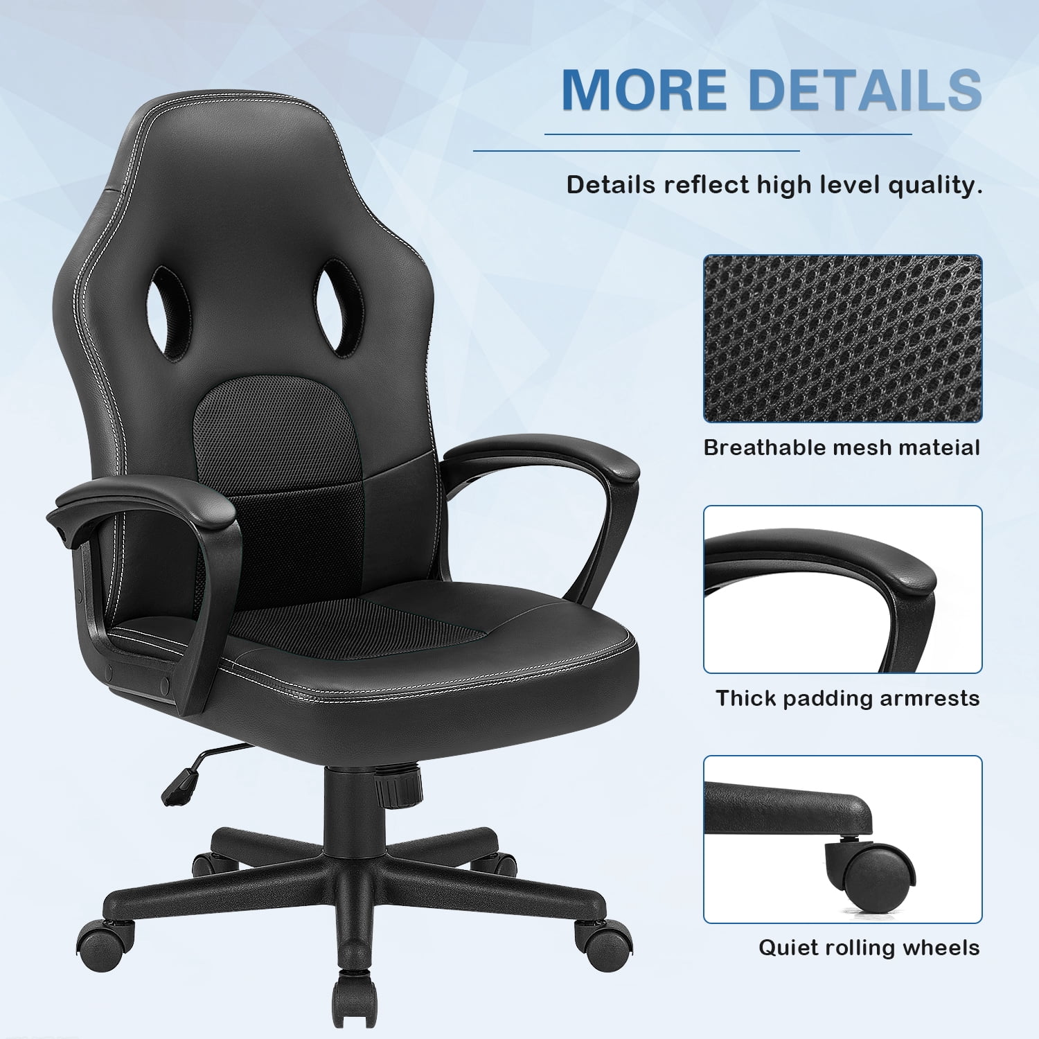 Lacoo Mid Back Gaming Chair Ergonomic PU Leather Computer Gaming Chair Office Chair with Armrests, Black