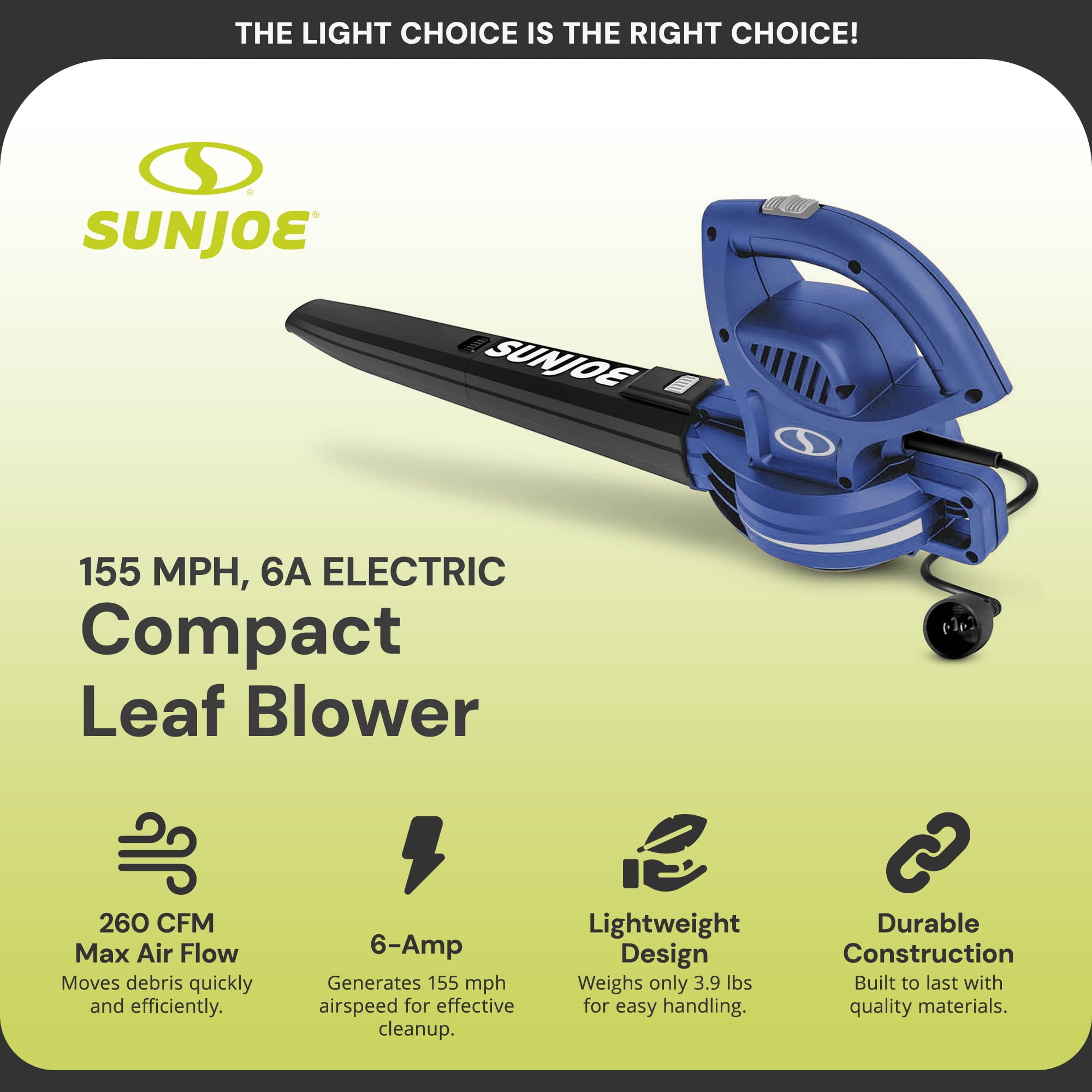 Open Box Sun Joe 6-Amp 155 mph Corded Handheld Leaf Blower, Light-Duty Lawn Tool, Blue