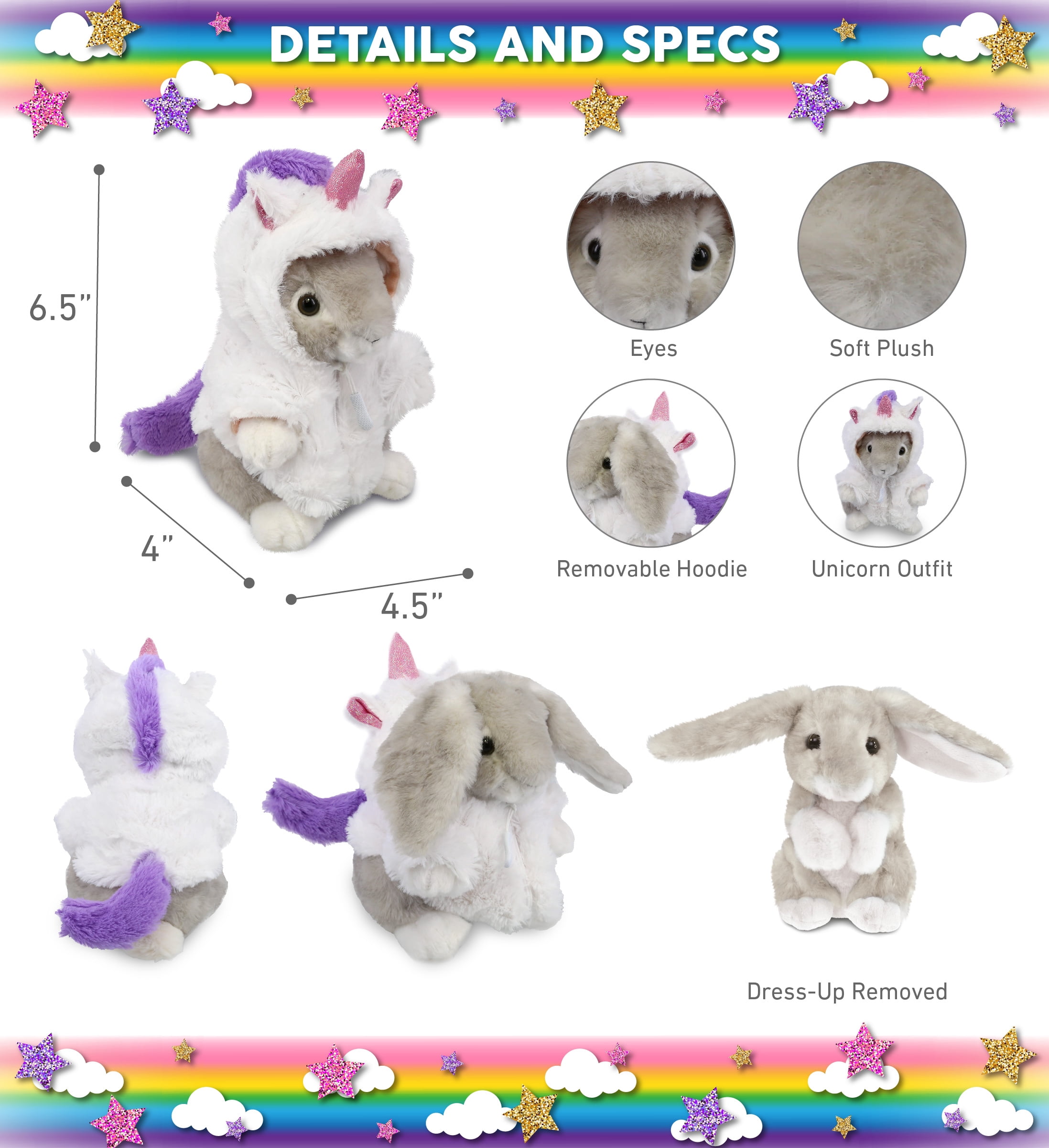 DolliBu Grey Rabbit Unicorn Plush Stuffed Animal Toy - Super Soft Bunnycorn Dress Up with Removable Unicorn Plush Outfit, Cute Fantasy Gift - 6.5 Inches