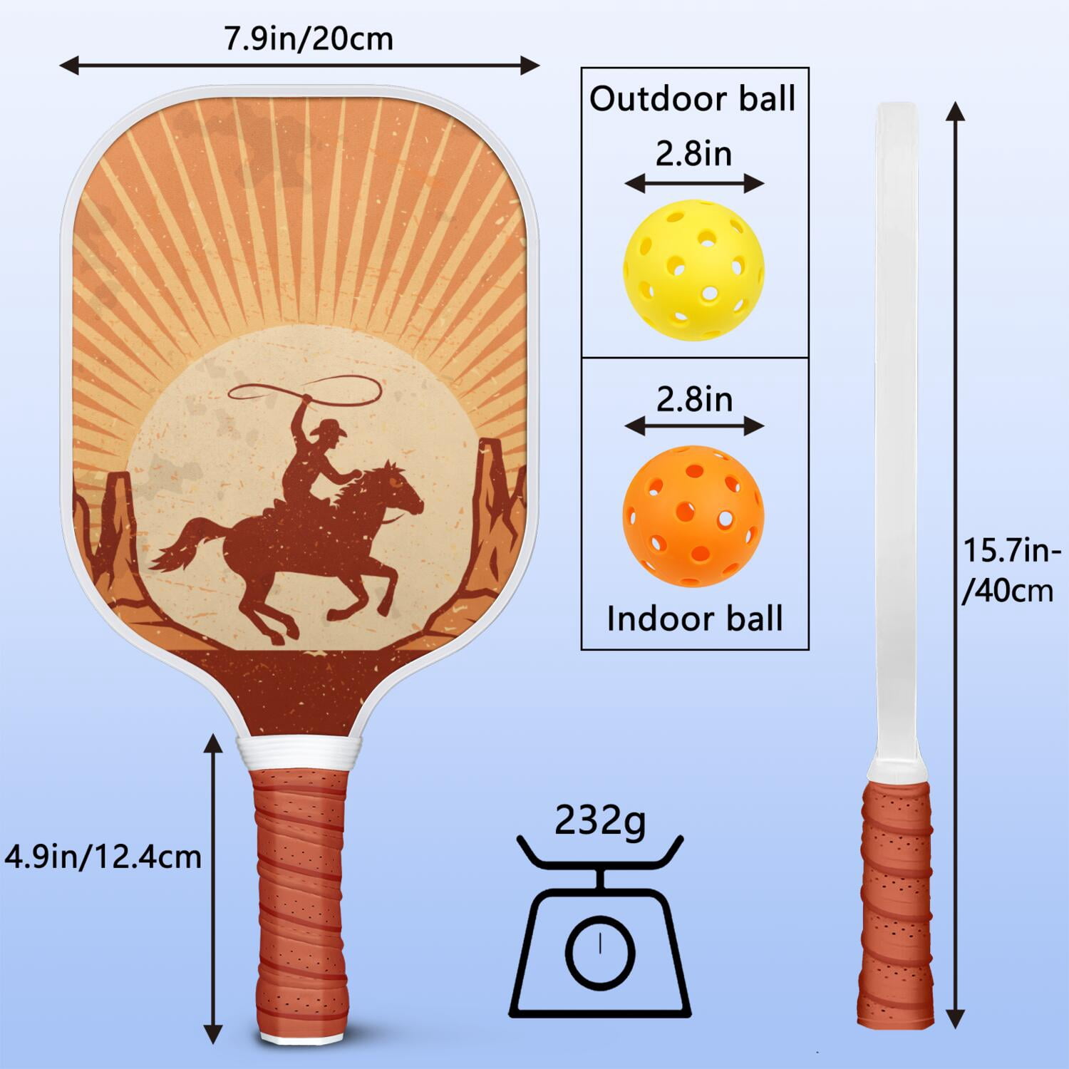 Pickleball Paddles Set Of 1, Fiberglass Surface, West & Cowboy Print, 1 Paddle, 2 Balls & Bag