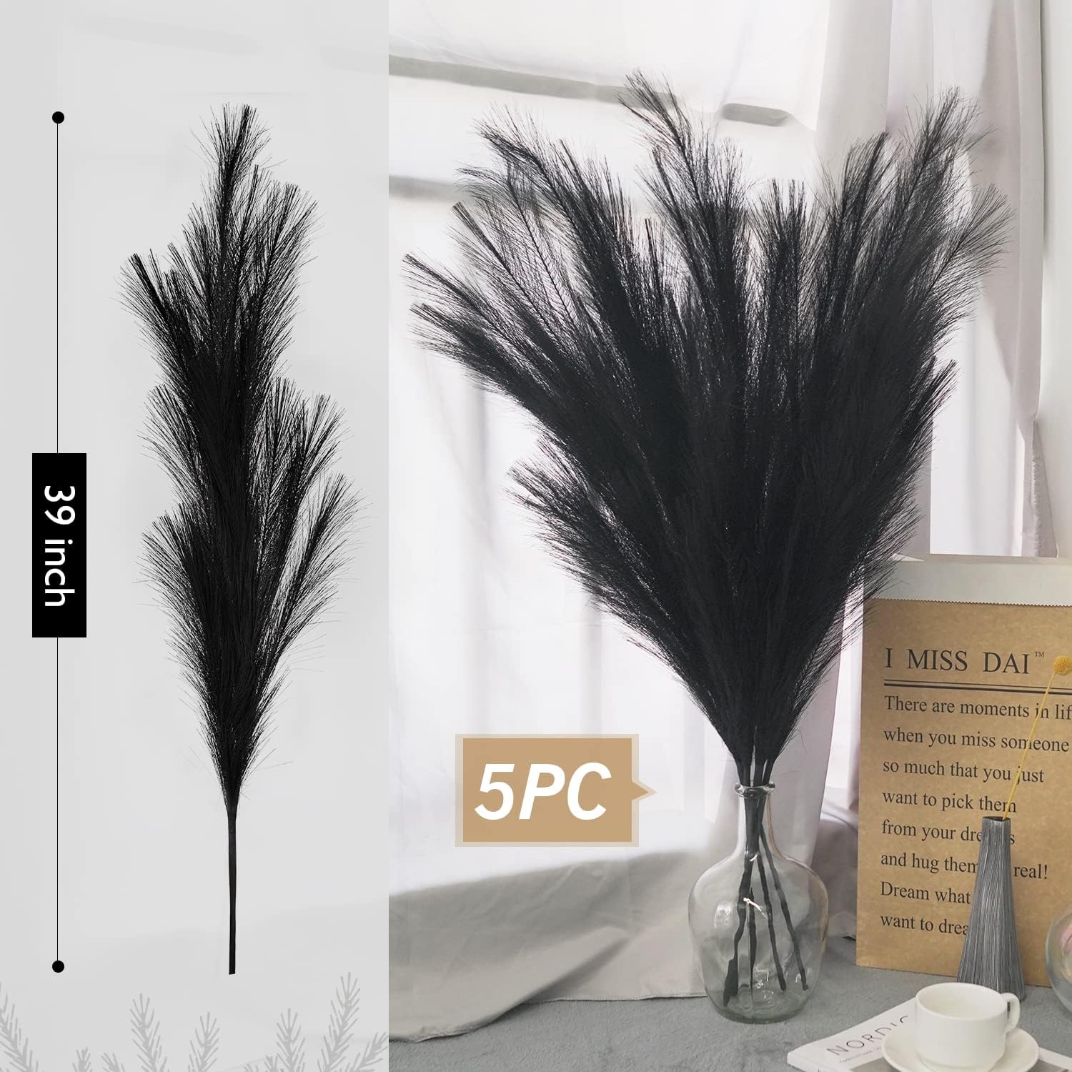 Decorative Pampas Grass, 5 Stems, 39 Inch/100cm, Artificial Pampas Grass Feathers, Dried Flowers, for Bohemian Style, Living Room, Bedroom and Vase Decoration (Black)