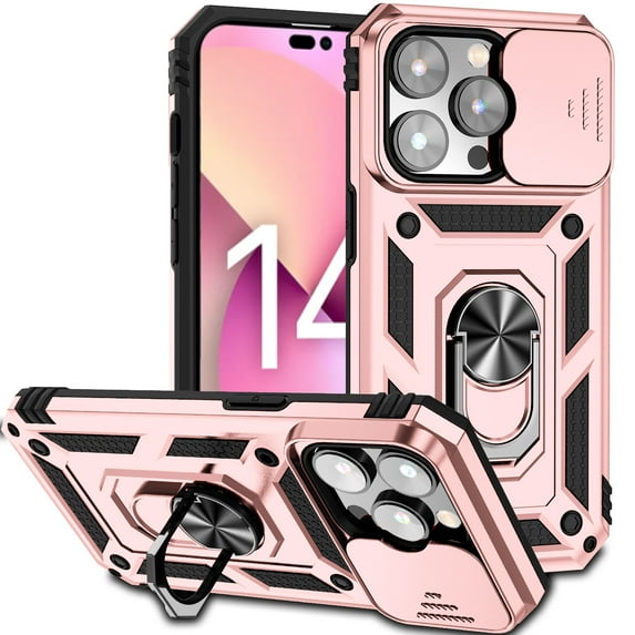 Jiahe Cover for iPhone 14 Pro Max Stand Case, Heavy Duty Slide Cover & Ring Kickstand Military Shockproof Armor Case Compatible with Magnetic Car Mount Holder for iPhone 14 Pro Max 6.7", Rosegold