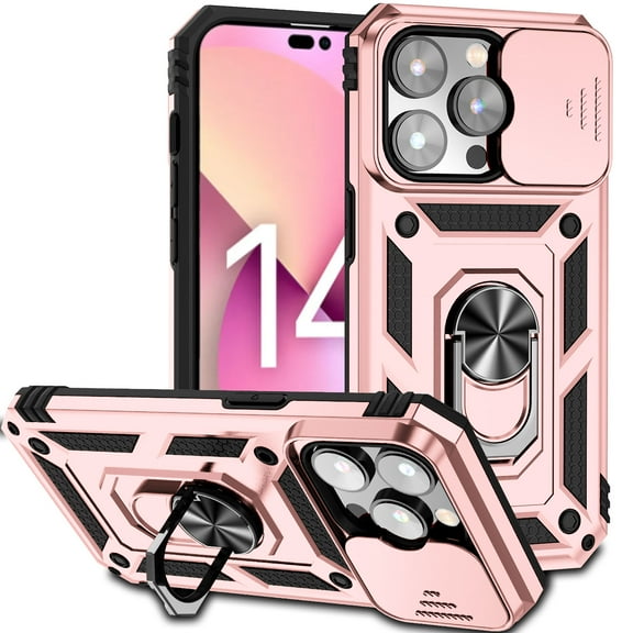 Jiahe Cover for iPhone 14 Pro Max Stand Case, Heavy Duty Slide Cover & Ring Kickstand Military Shockproof Armor Case Compatible with Magnetic Car Mount Holder for iPhone 14 Pro Max 6.7", Rosegold
