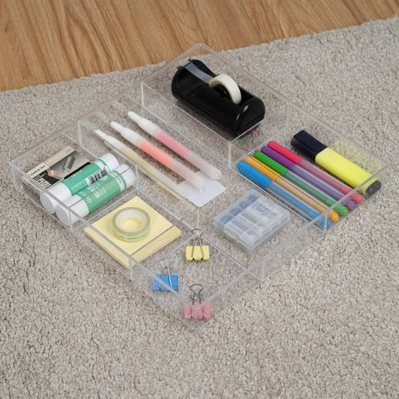 MAINSTAYS Plastic 6-Section Clear Drawer Organizer, Multiple Compartments,Perfect Storage for School and Office Products, Crafting or Kitchen Gadgets, Item size:11.90" L x11.90" Wx1.60"H; Plastic material