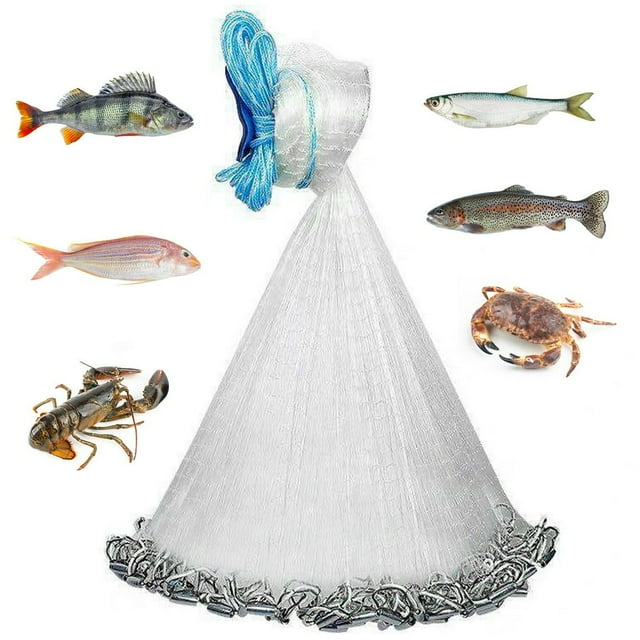 Saltwater Bait Casting Net 3/8inch Mesh Size for Bait Trap Fish Heavy Duty Throw Net 8FT Radius Size Easy Throw Heavy Duty Hand Cast Net with Chain Sinker Bottom Spread