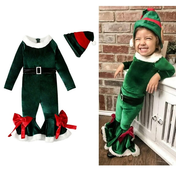 Elf Outfit Toddler Girl Long Sleeve Elf Rompers Jumpsuits Hat Set Party Dress Toddler Girl Christmas Outfit 5-6 Years