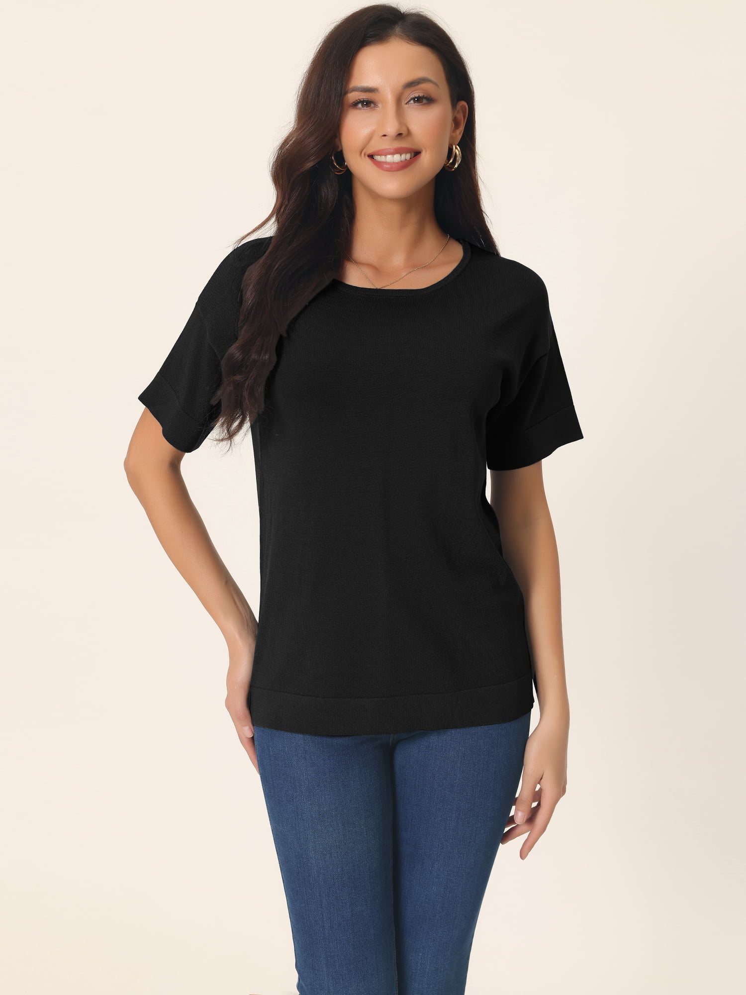 Unique Bargains Women's Short Sleeve T Shirts Basic Knit Tops Loose Solid Color Blouse XL Black
