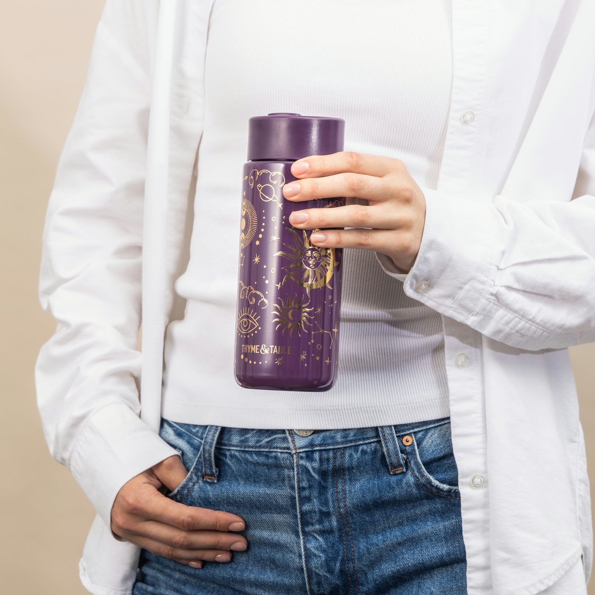 Thyme & Table 22 fl oz Stainless Steel Coffee Tumbler, Purple & Gold Celestial