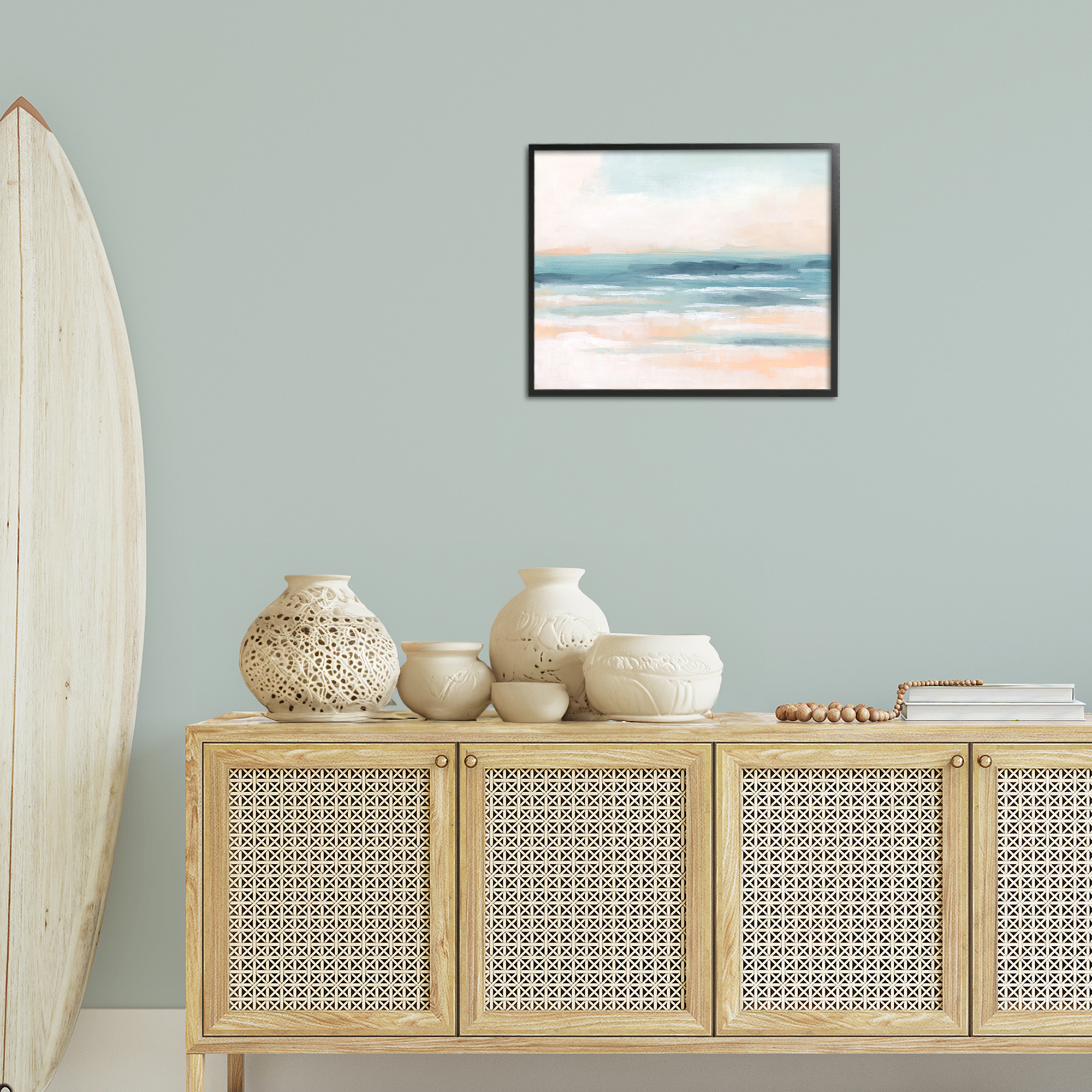 Stupell Industries Pastel Beach Coast Landscape Painting Black Framed Art Print Wall Art, 20 x 16