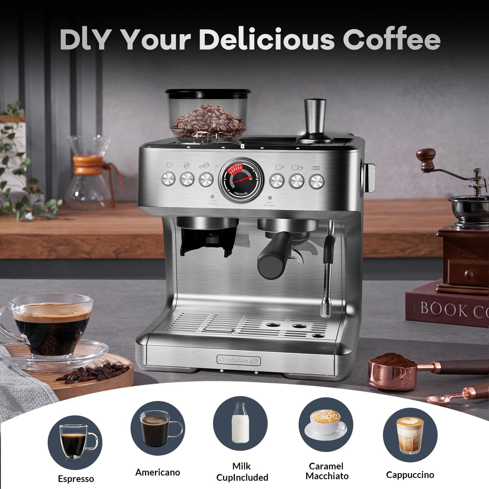 BouPower Espresso Machine, Grinder, 20 Bar Semi-Automatic Coffee Maker with Milk Frother Steam Wand, PID Temperature Control, 2.8L Water Tank,Home Espresso Coffee Maker for Latte, Cappuccino