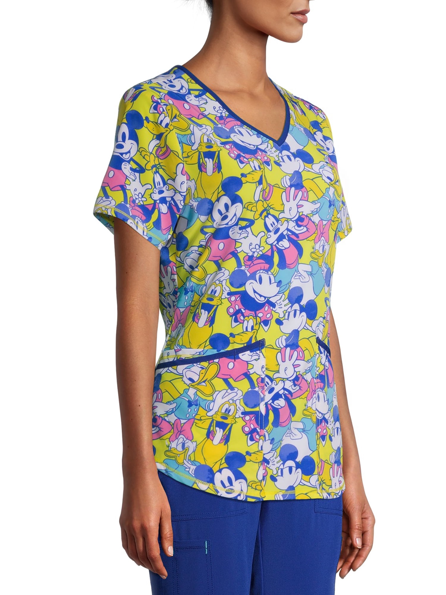 Scrubstar Women's Disney Mickey Mouse and the Sensational Six V-Neck Print Scrub Top