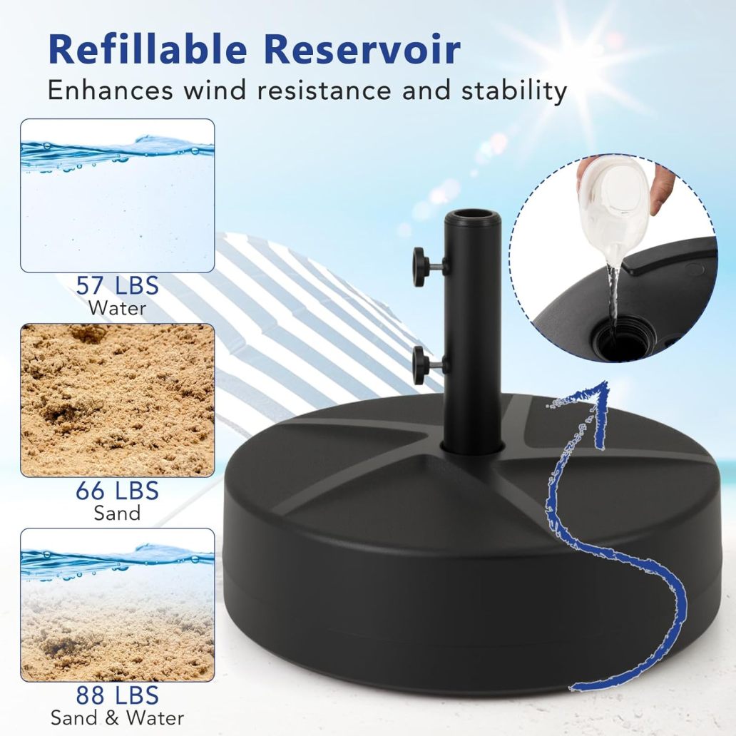 WJSP Patio Umbrella Base, 88LBS Capacity Water & Sand Fillable Market Table Umbrella Stand Fit 1.89"/1.5"/1.42" Umbrella Poles w/ 2 Adjustable Knobs, Weighted Base for Poolside Garden Deck Lawn