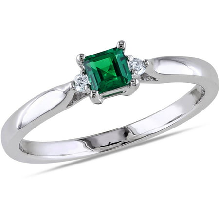 1/5 Carat T.G.W. Created Emerald and Diamond Accent Sterling Silver Ring